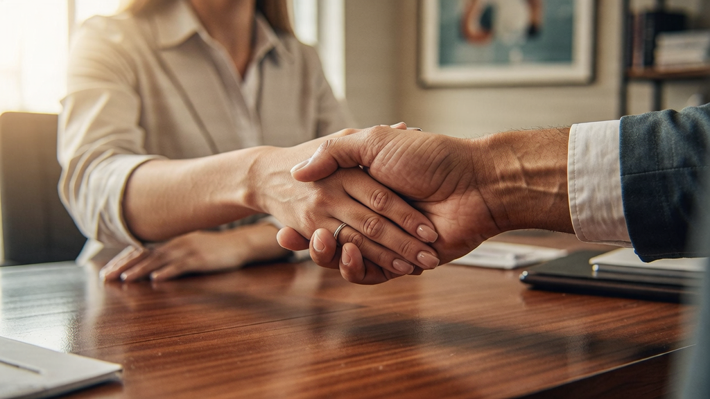 Professional handshake, legal agreement and commitment banner